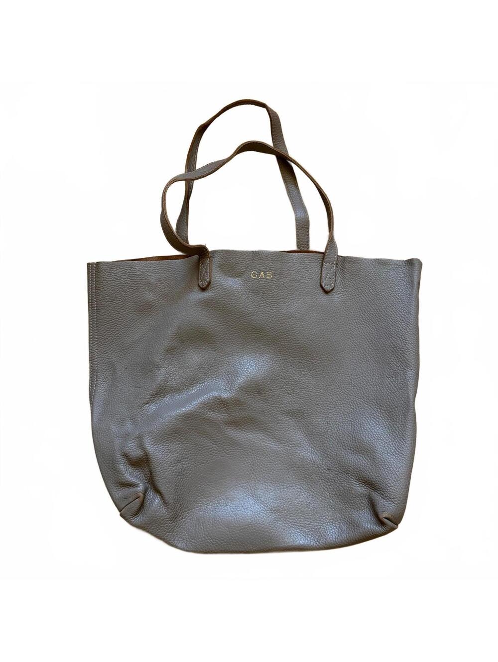 Cuyana Pebbled Leather Tote Bag Purse Taupe Monogram CAS